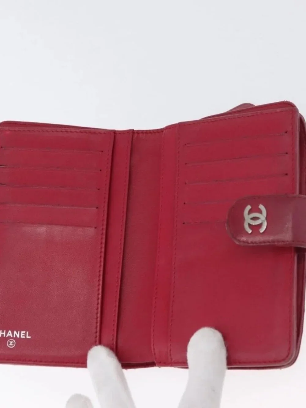 CHANEL Matelasse Bifold Wallet Lamb Skin Red Silver CC Auth YKZ104